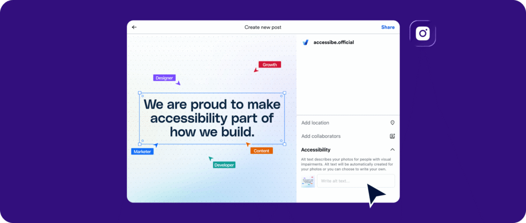 Instagram "Create new post" screen showing a design canvas image being uploaded, with the right-side panel expanded to the Accessibility section and a cursor hovering over the "Write alt text&hellip;" field. 