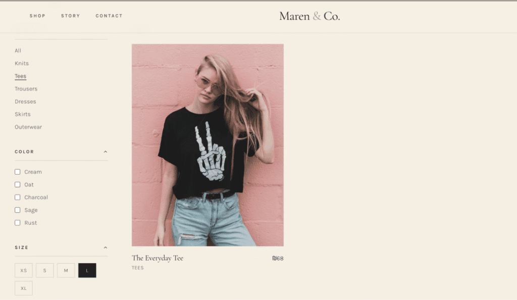 Screenshot of size options on the Maren & Co. website