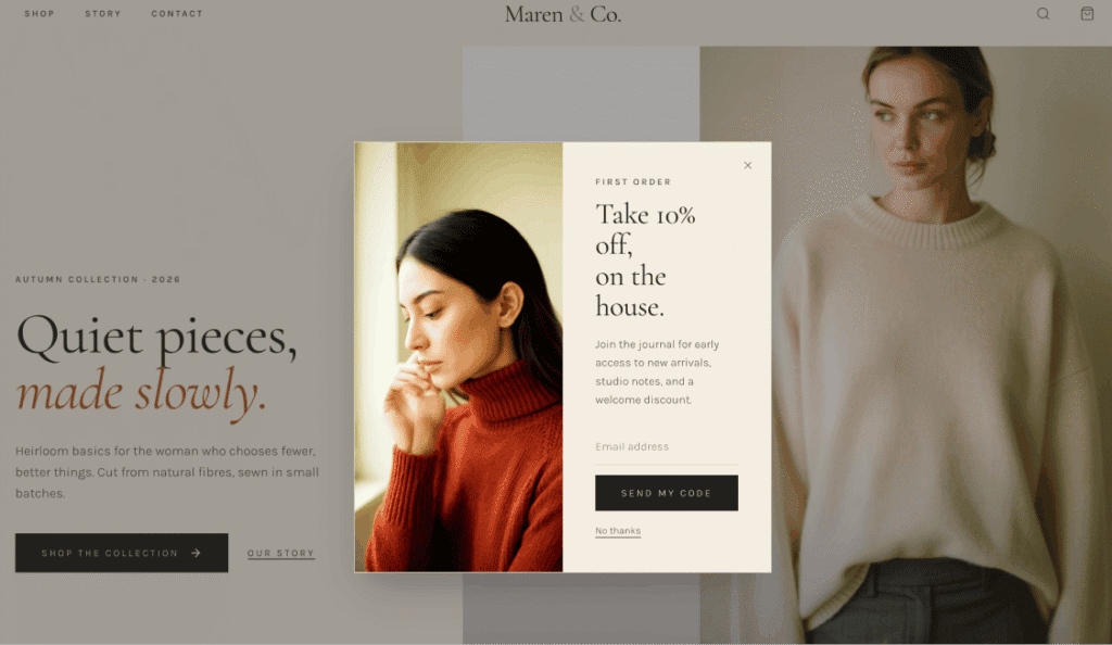 Screenshot of the popup open on Moren & Co.'s homepage
