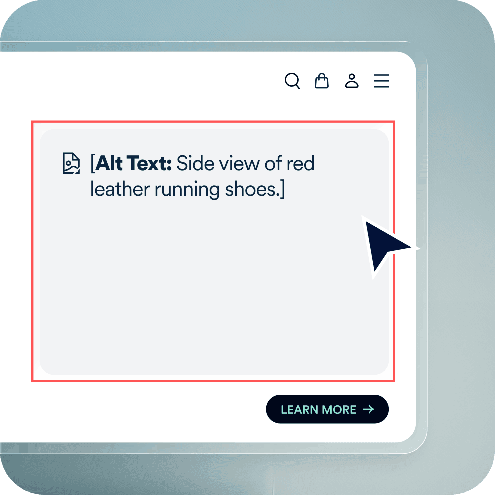 Product photo of red running shoes with a red outline and a callout reading "Alt Text: Side view of red leather running shoes," showing an alt text audit in progress.