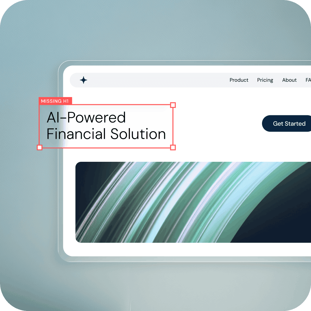 Website mockup with a red outline around the page heading "AI-Powered Financial Solution," flagging a missing or incorrect title and language tag.