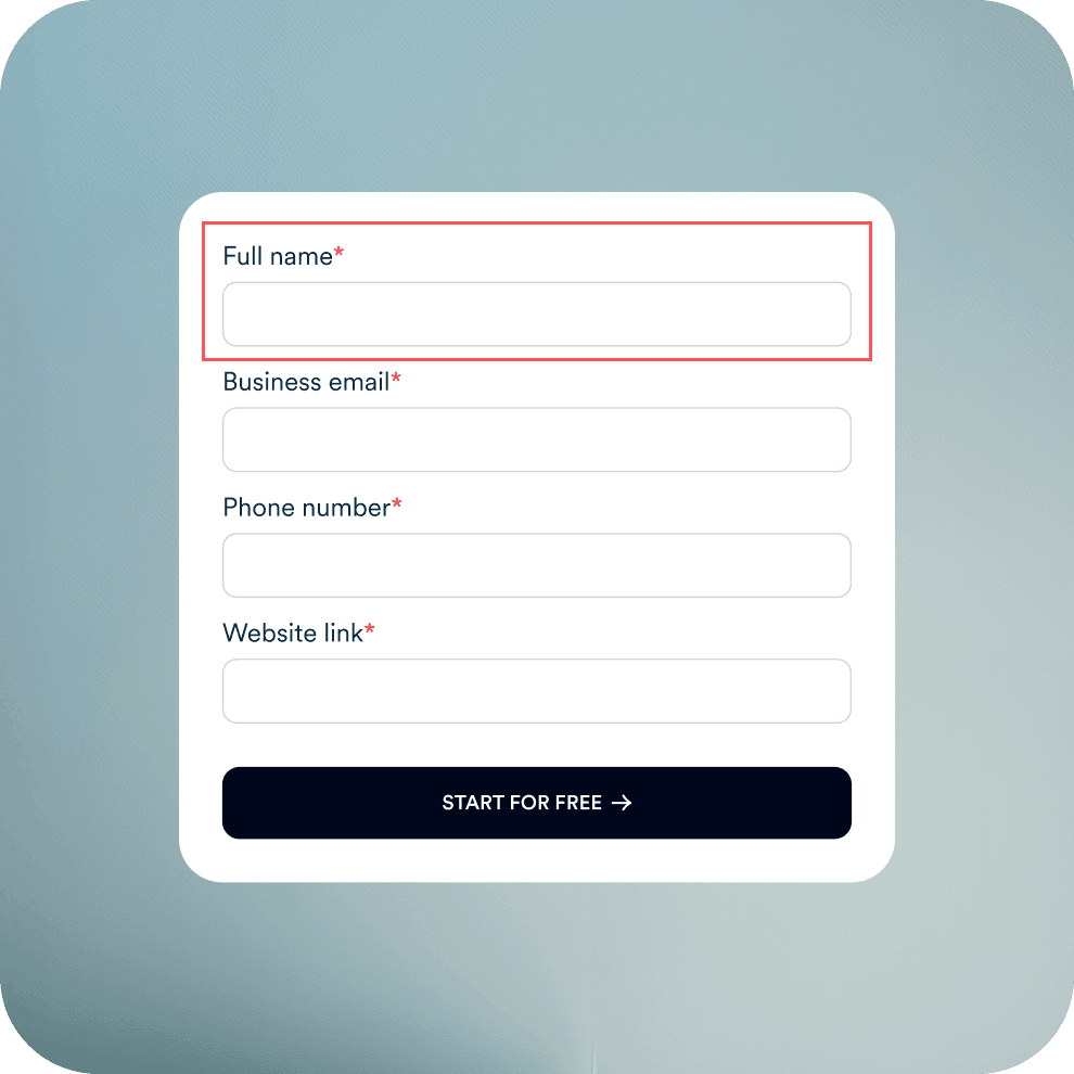 Web form with red outlines around each field &mdash; full name, business email, phone number, website URL, and the submit button &mdash; showing a field-by-field accessibility review.