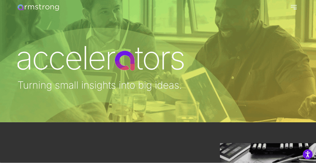 Screenshot of the Armstrong Partnership homepage showing the agency's "Accelerators" hero section with bold white text over a photo background and a clearly labeled navigation menu.