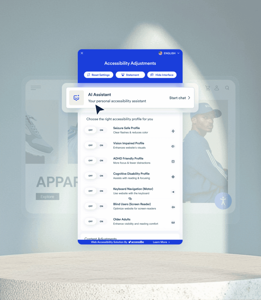 creenshot of accessWidget's Accessibility Adjustments panel open on an apparel site, highlighting the AI Assistant option above a list of accessibility profiles including Seizure Safe, Vision Impaired, ADHD Friendly, Cognitive Disability, Keyboard Navigation, Screen Reader, and Older Adults