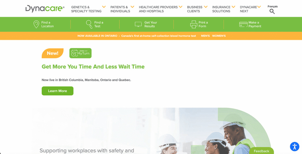 Screenshot of the Dynacare homepage showing its healthcare services navigation menu and a wait-time information banner in high-contrast text.