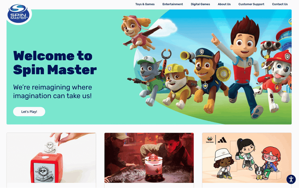 Screenshot of the Spin Master homepage showing a teal hero banner reading "Welcome to Spin Master" alongside three high-contrast news cards, each with a labeled "Learn More" button.