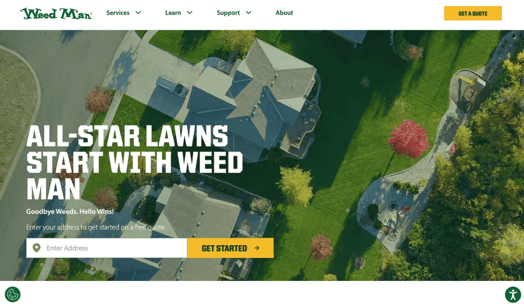 Screenshot of the Weed Man homepage showing a lawn care hero image with the headline "All-Star Lawns Start with Weed Man" and a high-contrast yellow "Get Started" button.